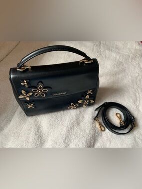 Michael Kors Ava Medium Black Floral Studded Top Handle Bag Detachable Strap